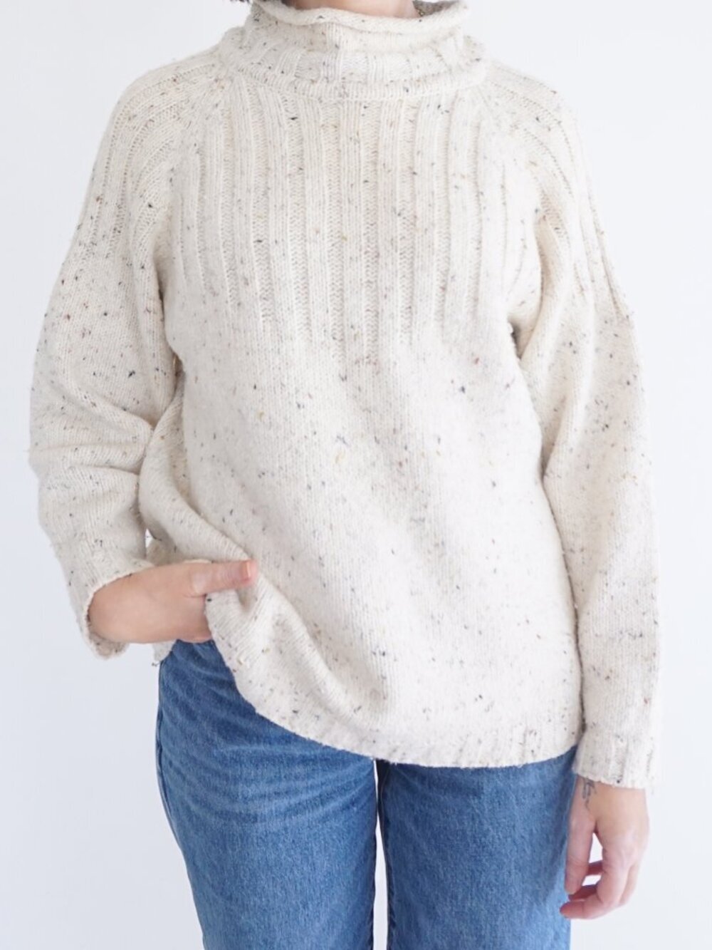 Vintage Weekend Edition Cream Speckled Knit Turtleneck Cable Knit Fisherman S